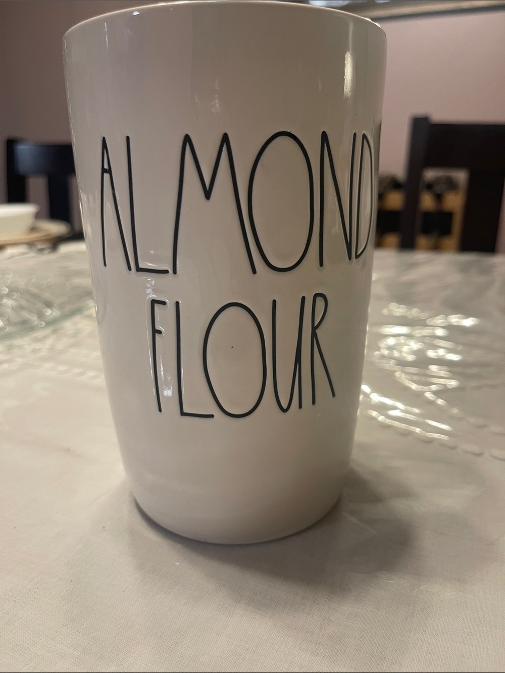 Rae Dunn White Ceramic Mug with 'ALMOND FLOUR' Black Lettering